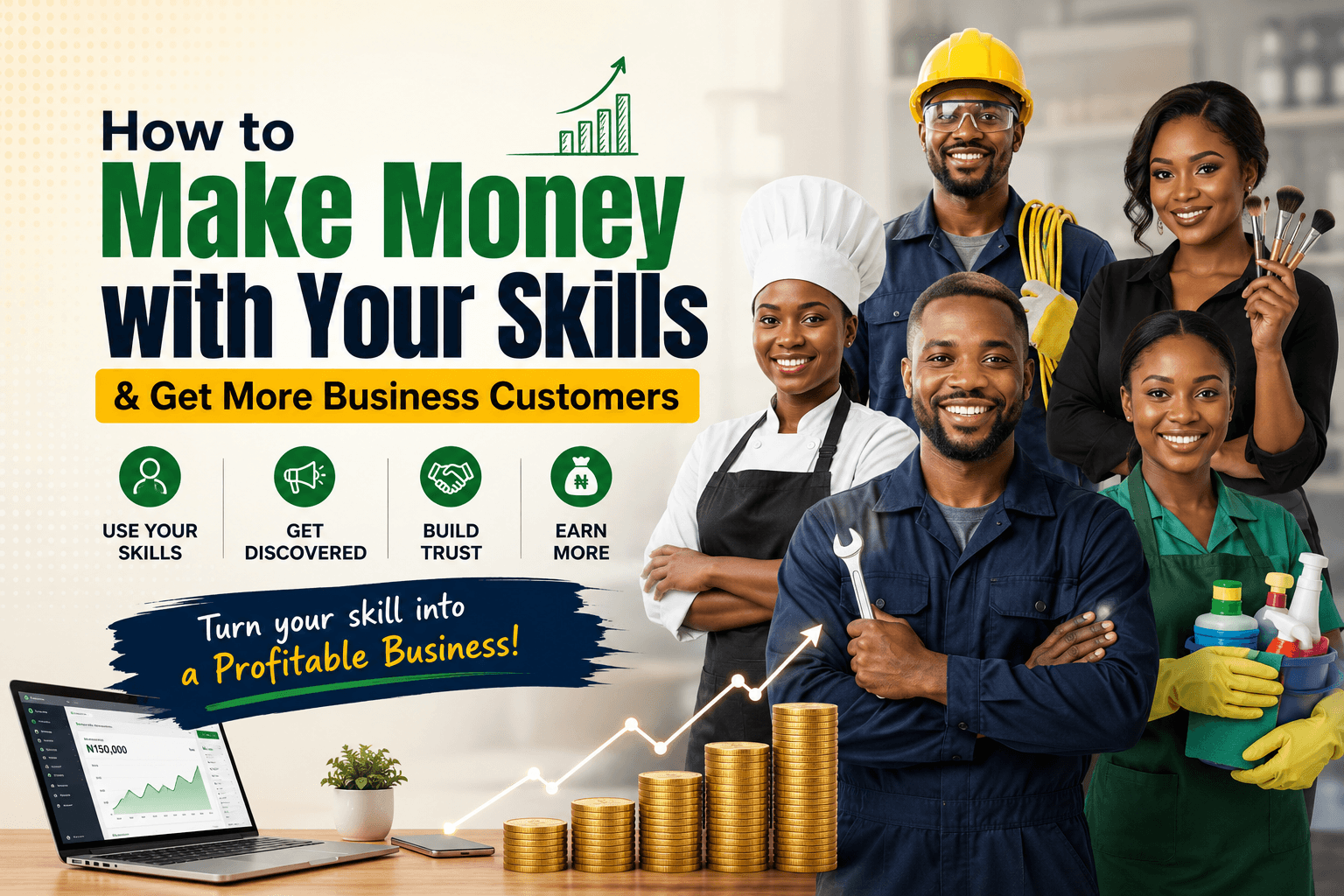 Skilled Nigerian service professionals representing electrical work, cooking, makeup, mechanics, and cleaning, illustrating how to make money from your skills and get more customers.
